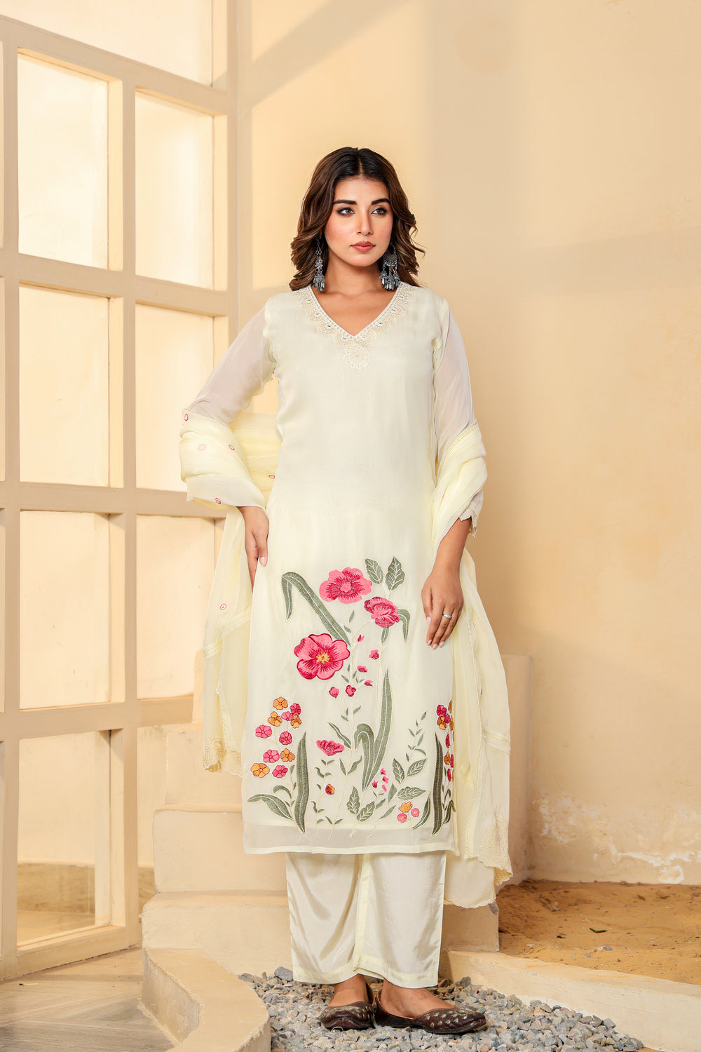 Soul Armor Floral Embroidered Straight Kurta Pant Dupatta Set