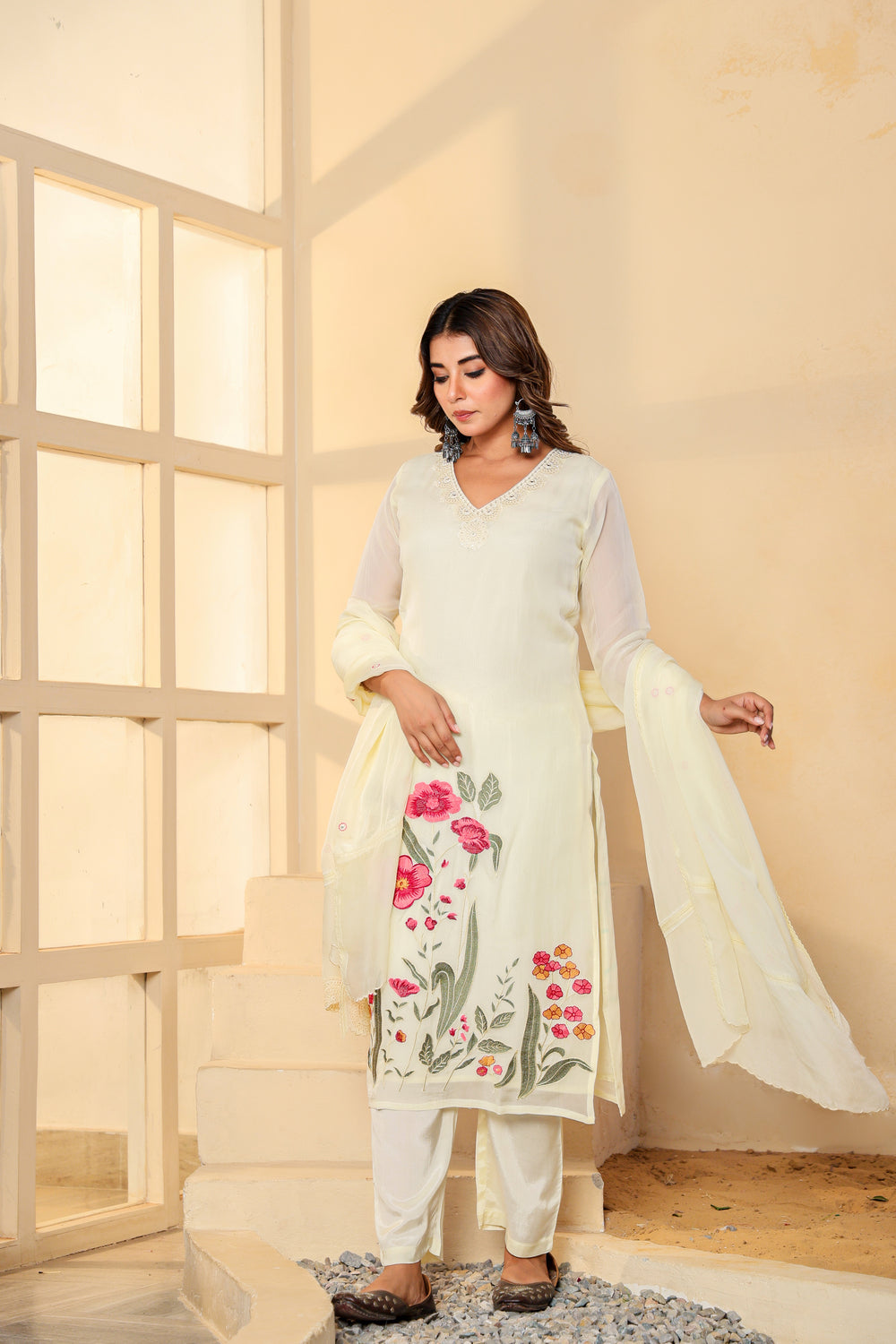 Soul Armor Floral Embroidered Straight Kurta Pant Dupatta Set