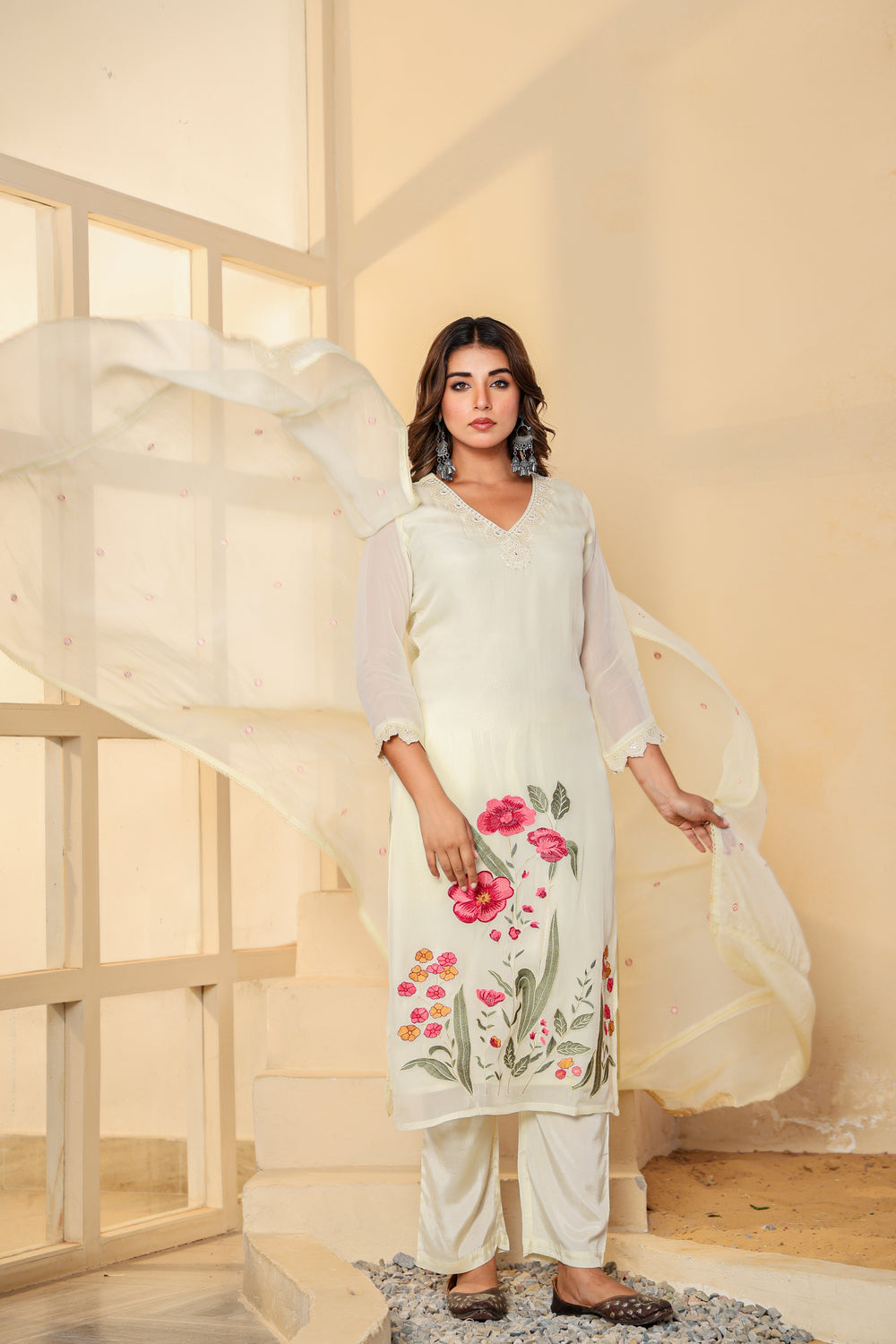 Soul Armor Floral Embroidered Straight Kurta Pant Dupatta Set