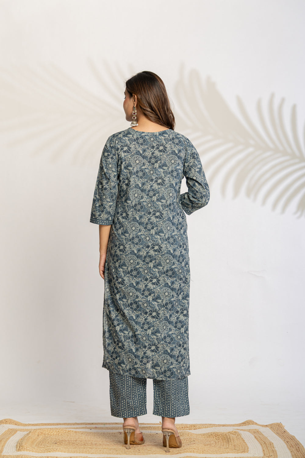 Elevate Slate Tone Hand-Drawn Motif Printed Kurta Set with Dupatta