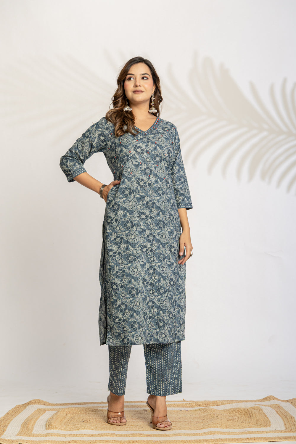 Elevate Slate Tone Hand-Drawn Motif Printed Kurta Set with Dupatta
