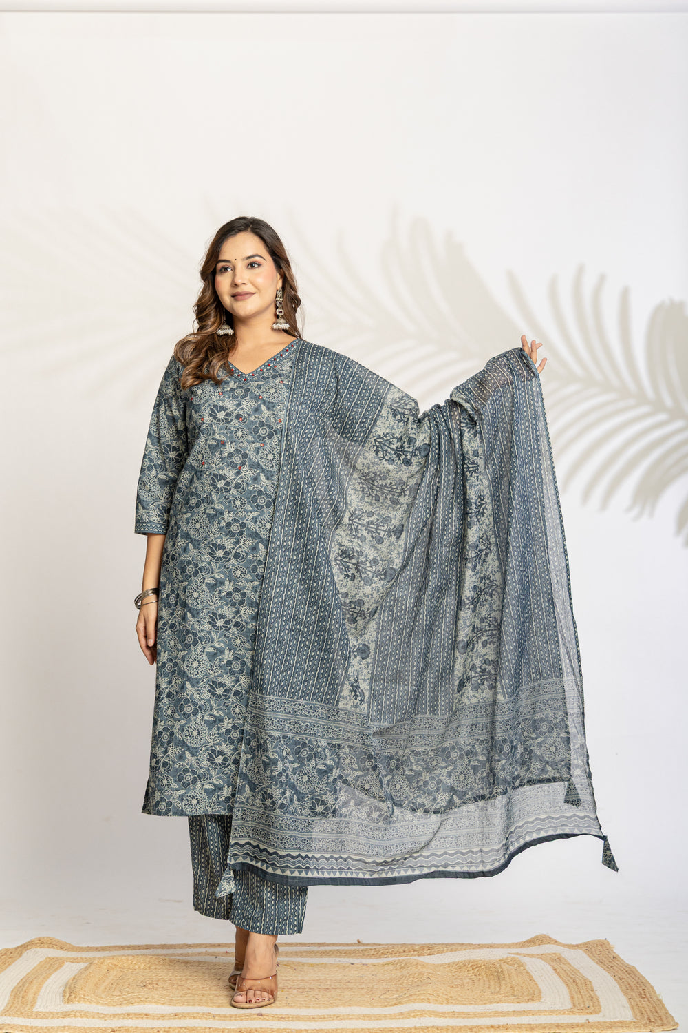 Elevate Slate Tone Hand-Drawn Motif Printed Kurta Set with Dupatta
