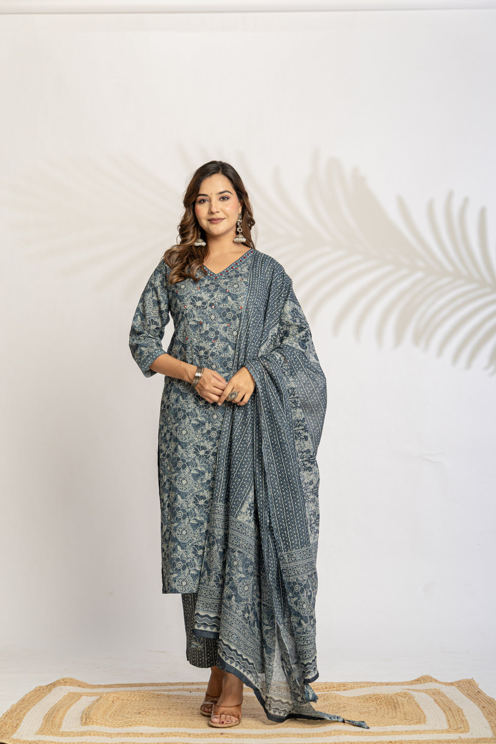 Elevate Slate Tone Hand-Drawn Motif Printed Kurta Set with Dupatta