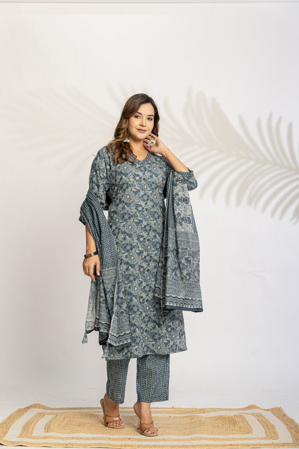 Elevate Slate Tone Hand-Drawn Motif Printed Kurta Set with Dupatta