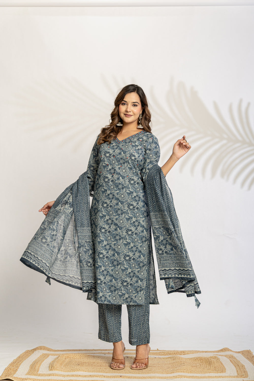 Elevate Slate Tone Hand-Drawn Motif Printed Kurta Set with Dupatta