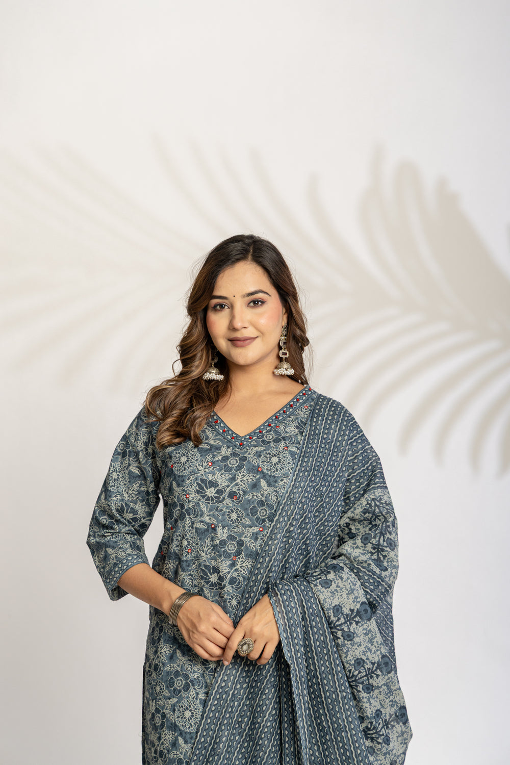Elevate Slate Tone Hand-Drawn Motif Printed Kurta Set with Dupatta