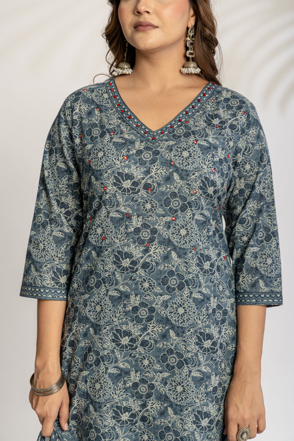 Elevate Slate Tone Hand-Drawn Motif Printed Kurta Set with Dupatta