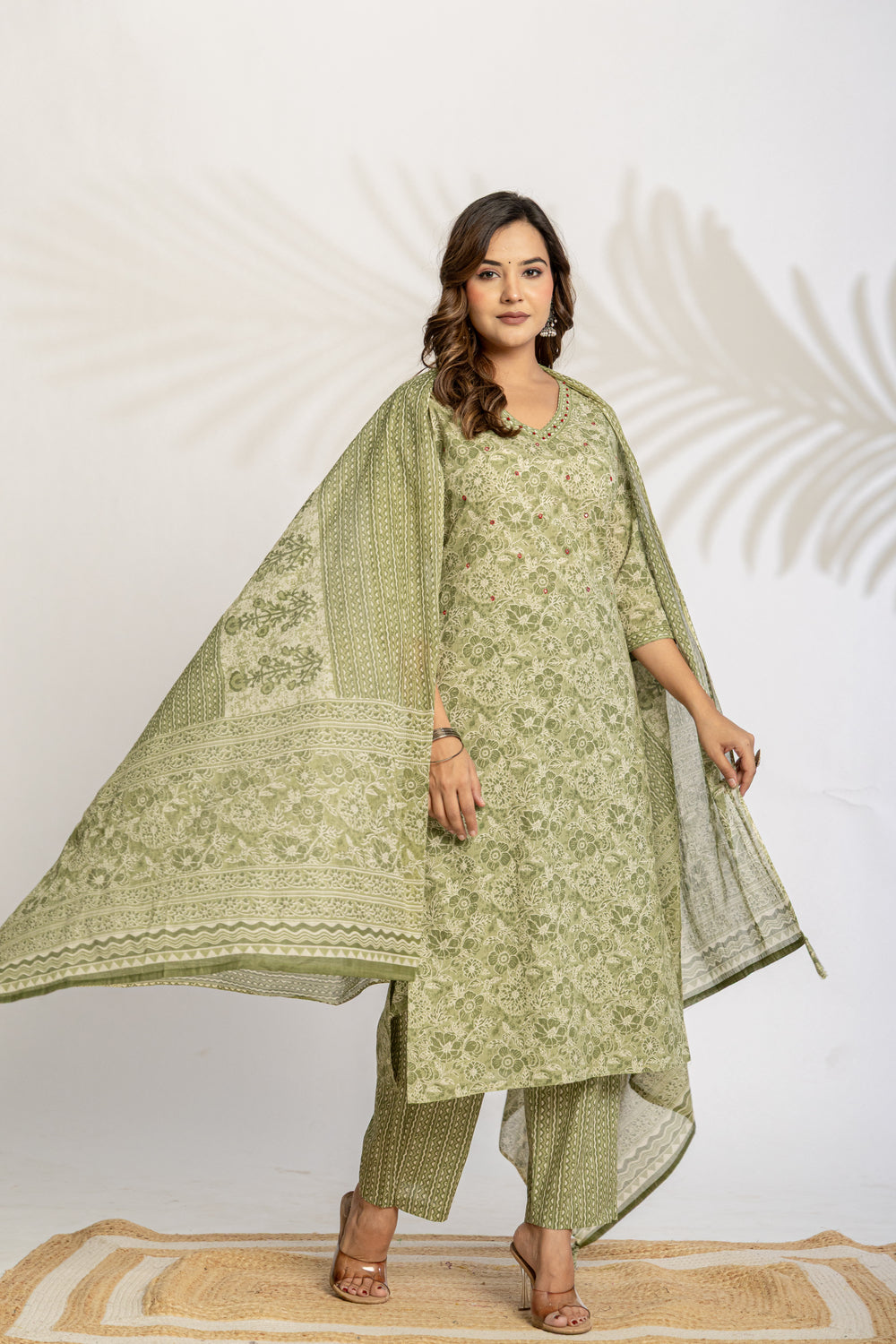 Elevate Slate Tone Hand-Drawn Motif Printed Kurta Set with Dupatta