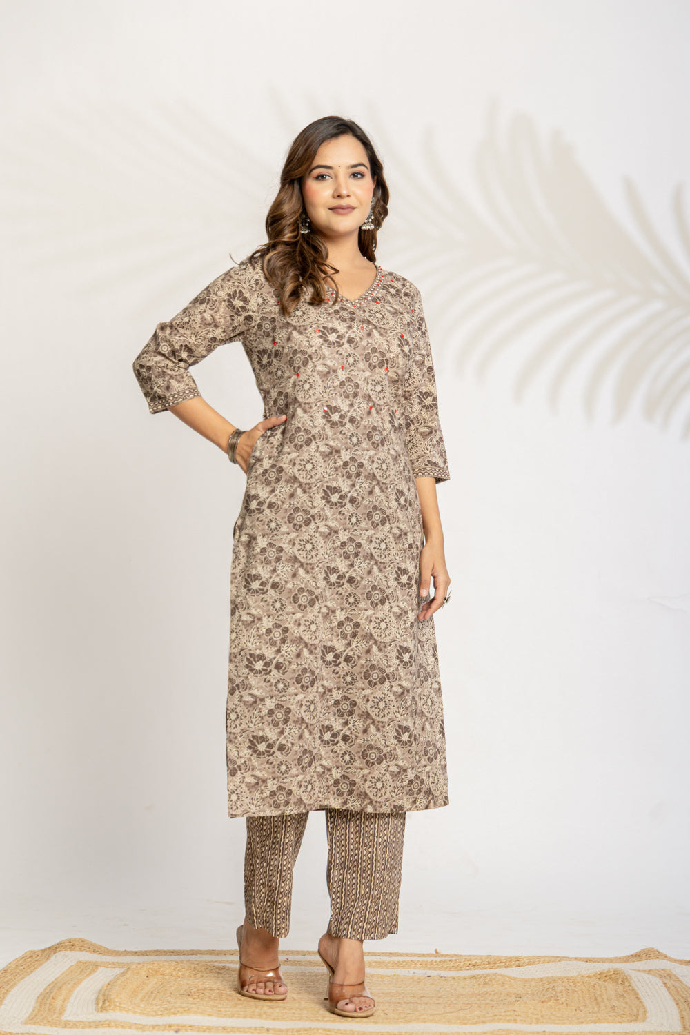 Elevate Slate Tone Hand-Drawn Motif Printed Kurta Set with Dupatta