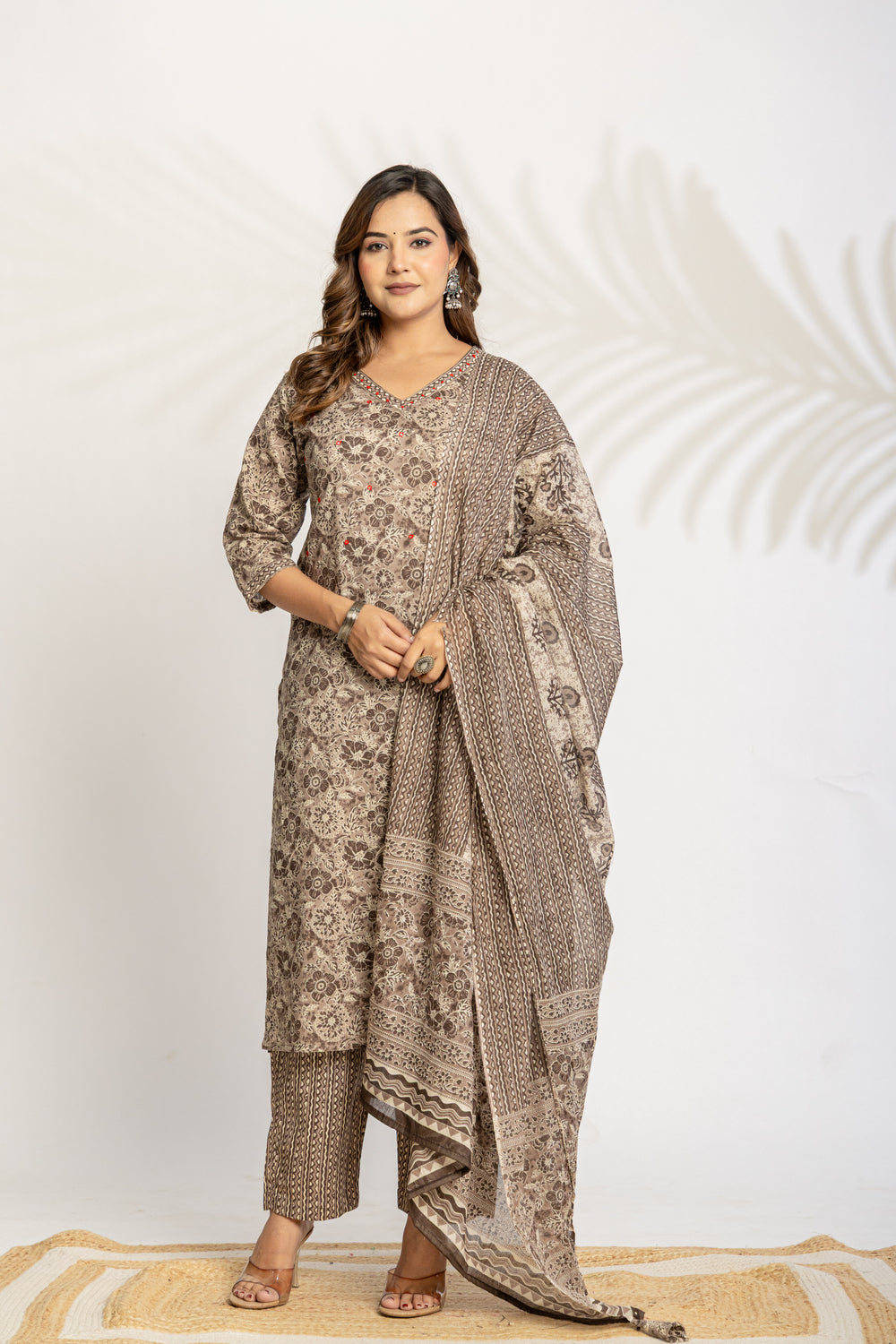Elevate Slate Tone Hand-Drawn Motif Printed Kurta Set with Dupatta