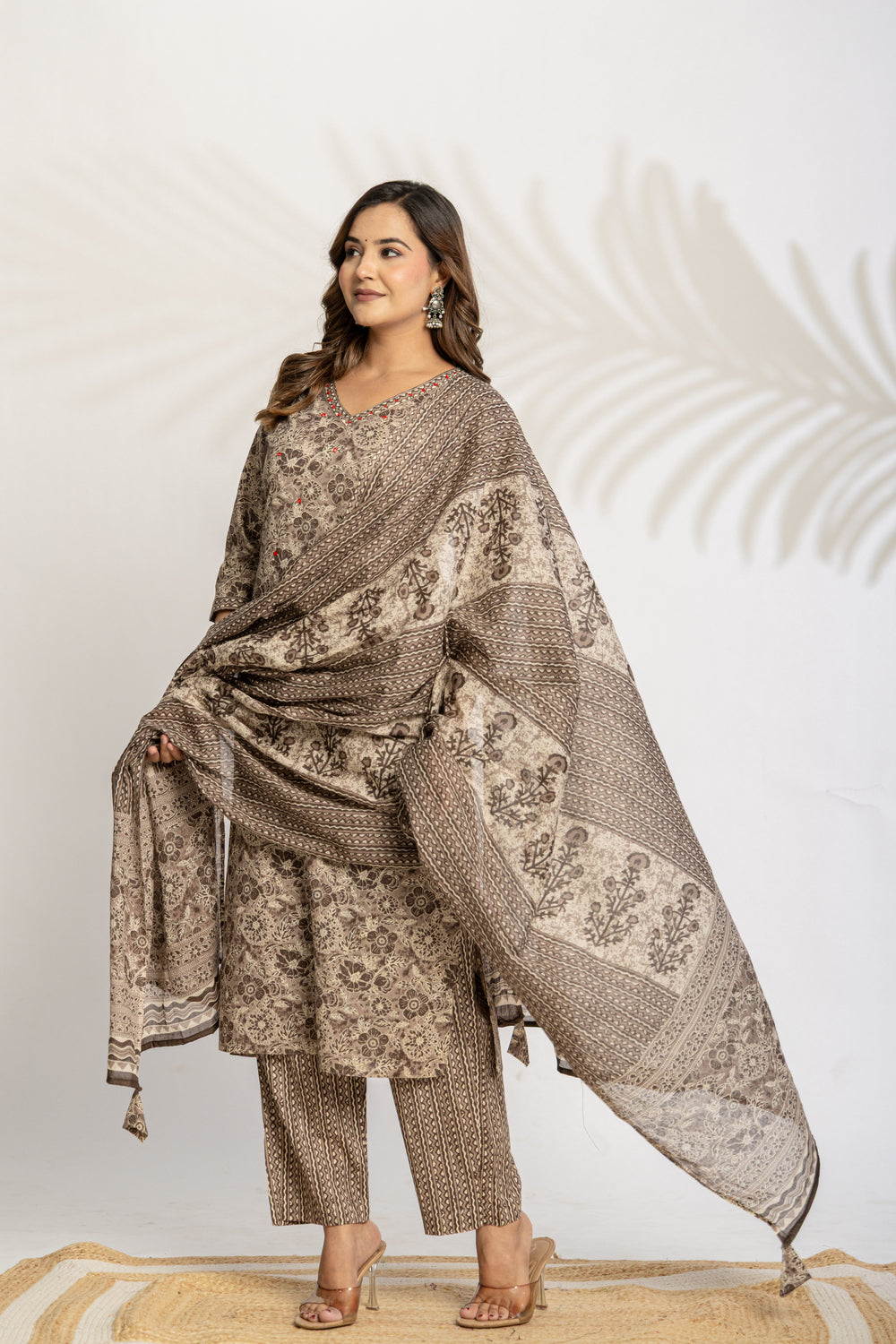 Elevate Slate Tone Hand-Drawn Motif Printed Kurta Set with Dupatta