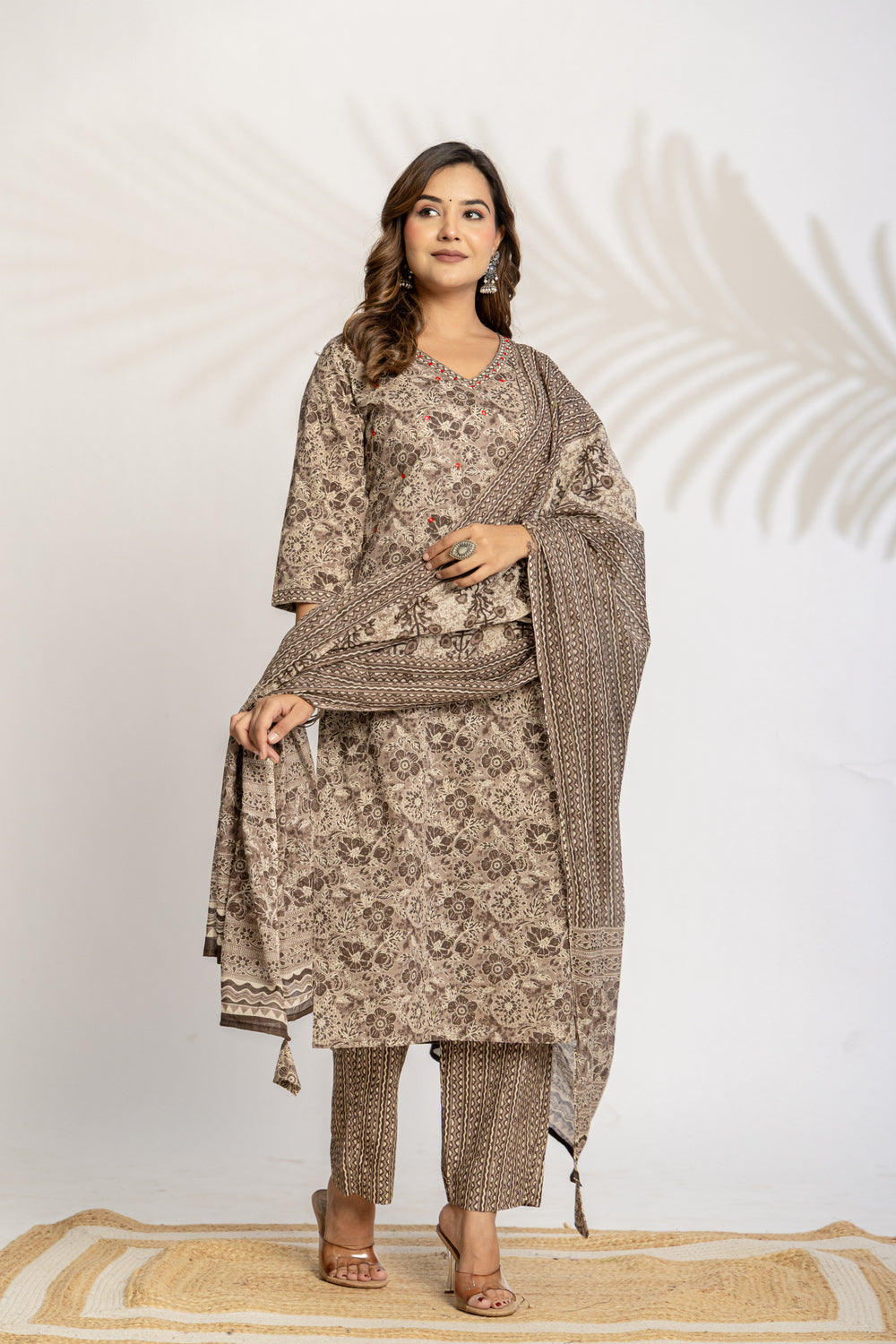 Elevate Slate Tone Hand-Drawn Motif Printed Kurta Set with Dupatta