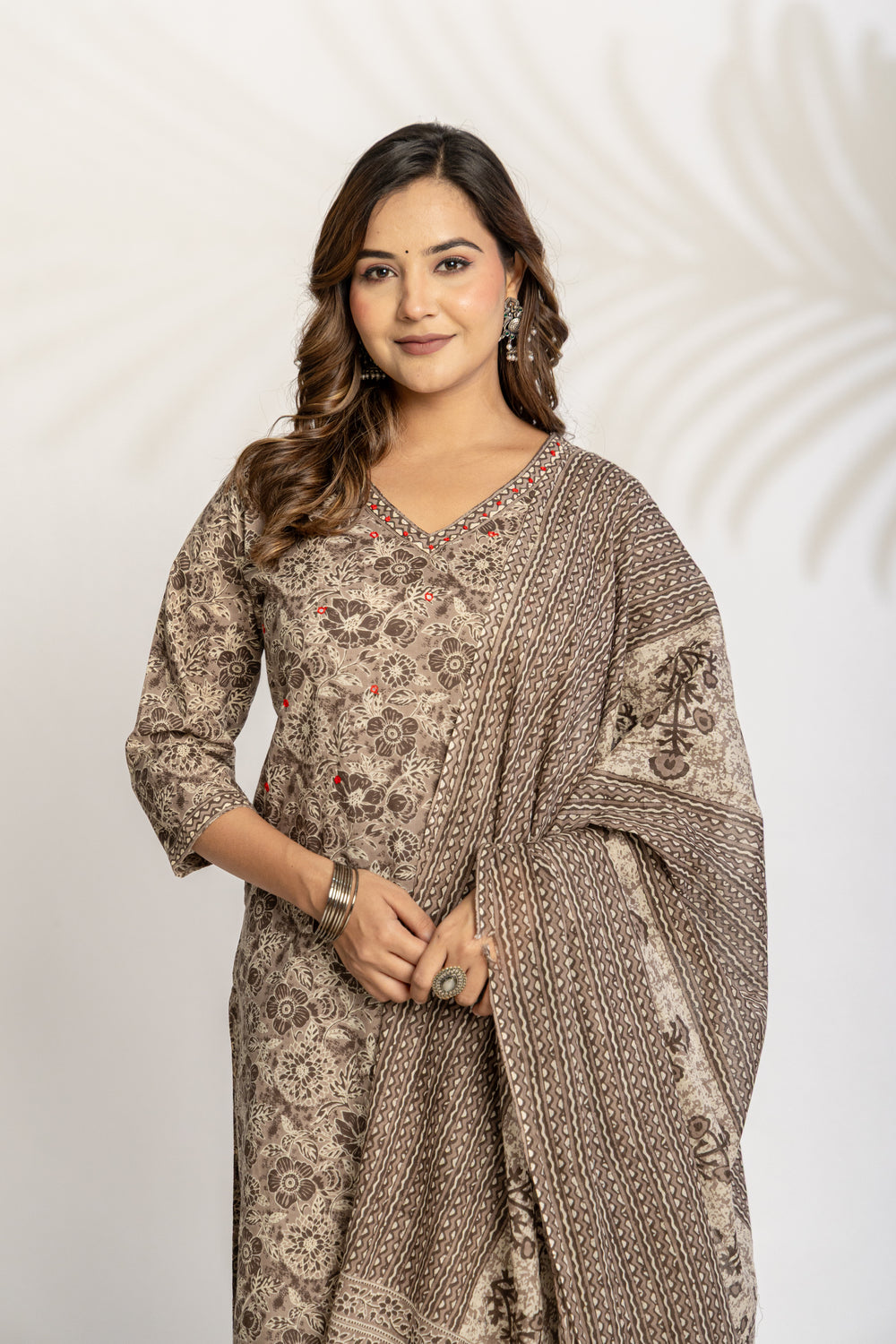 Elevate Slate Tone Hand-Drawn Motif Printed Kurta Set with Dupatta