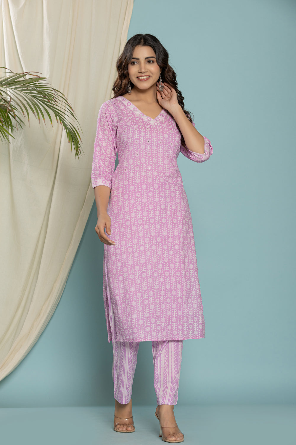 Elevate Elegant Lavender Ethnic Pattern Three-Piece Kurti Set