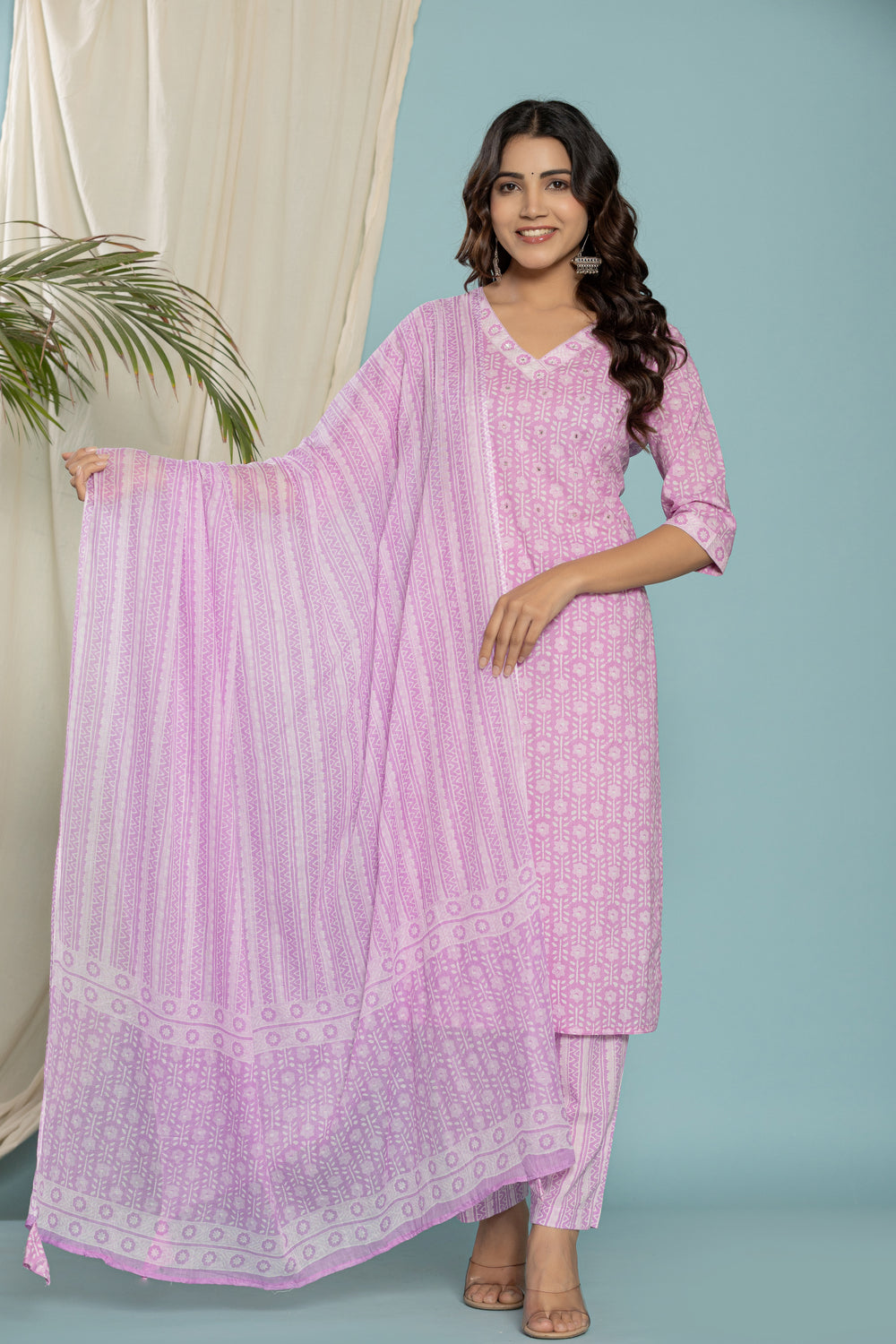 Elevate Elegant Lavender Ethnic Pattern Three-Piece Kurti Set