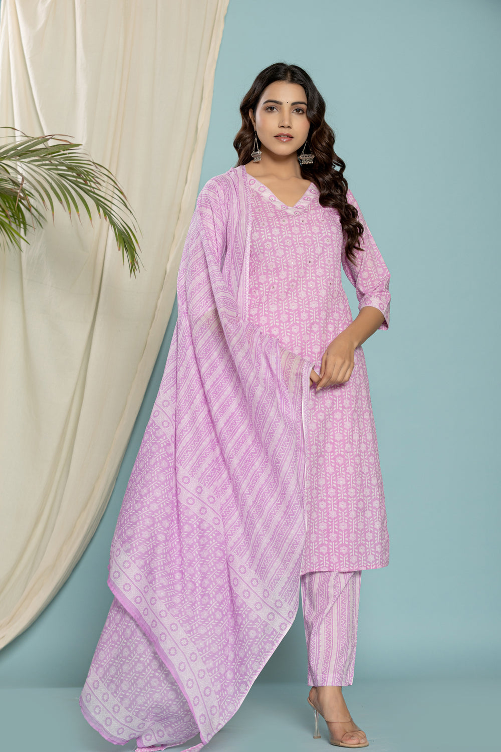 Elevate Elegant Lavender Ethnic Pattern Three-Piece Kurti Set