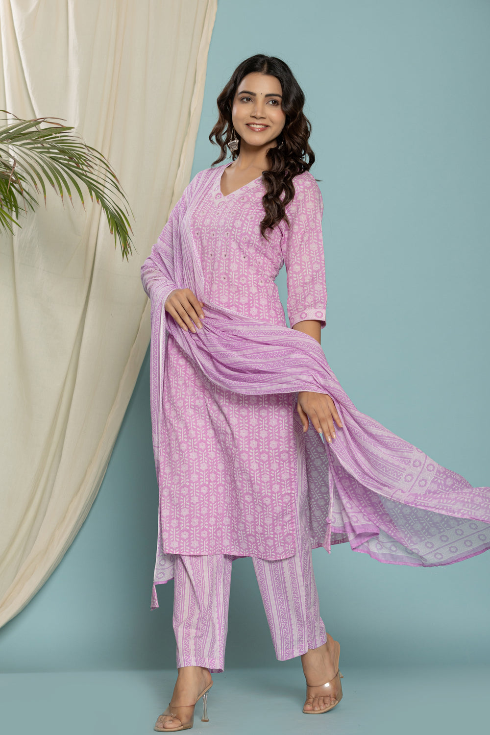 Elevate Elegant Lavender Ethnic Pattern Three-Piece Kurti Set
