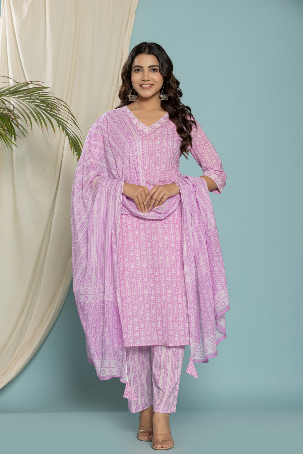 Elevate Elegant Lavender Ethnic Pattern Three-Piece Kurti Set