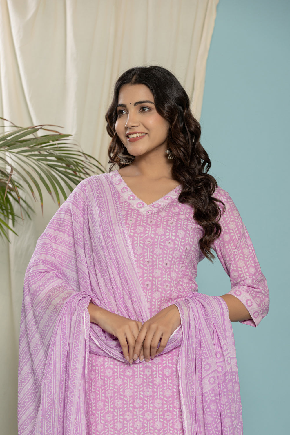 Elevate Elegant Lavender Ethnic Pattern Three-Piece Kurti Set