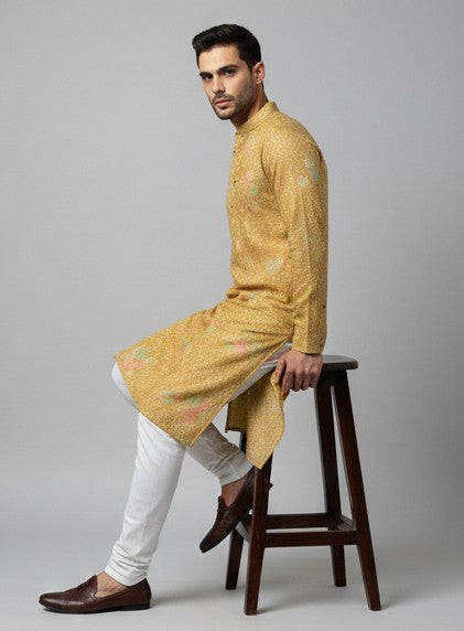 Soul Armor Mens Yellow Detailed All-Over Ethnic Motif Printed Kurta Set