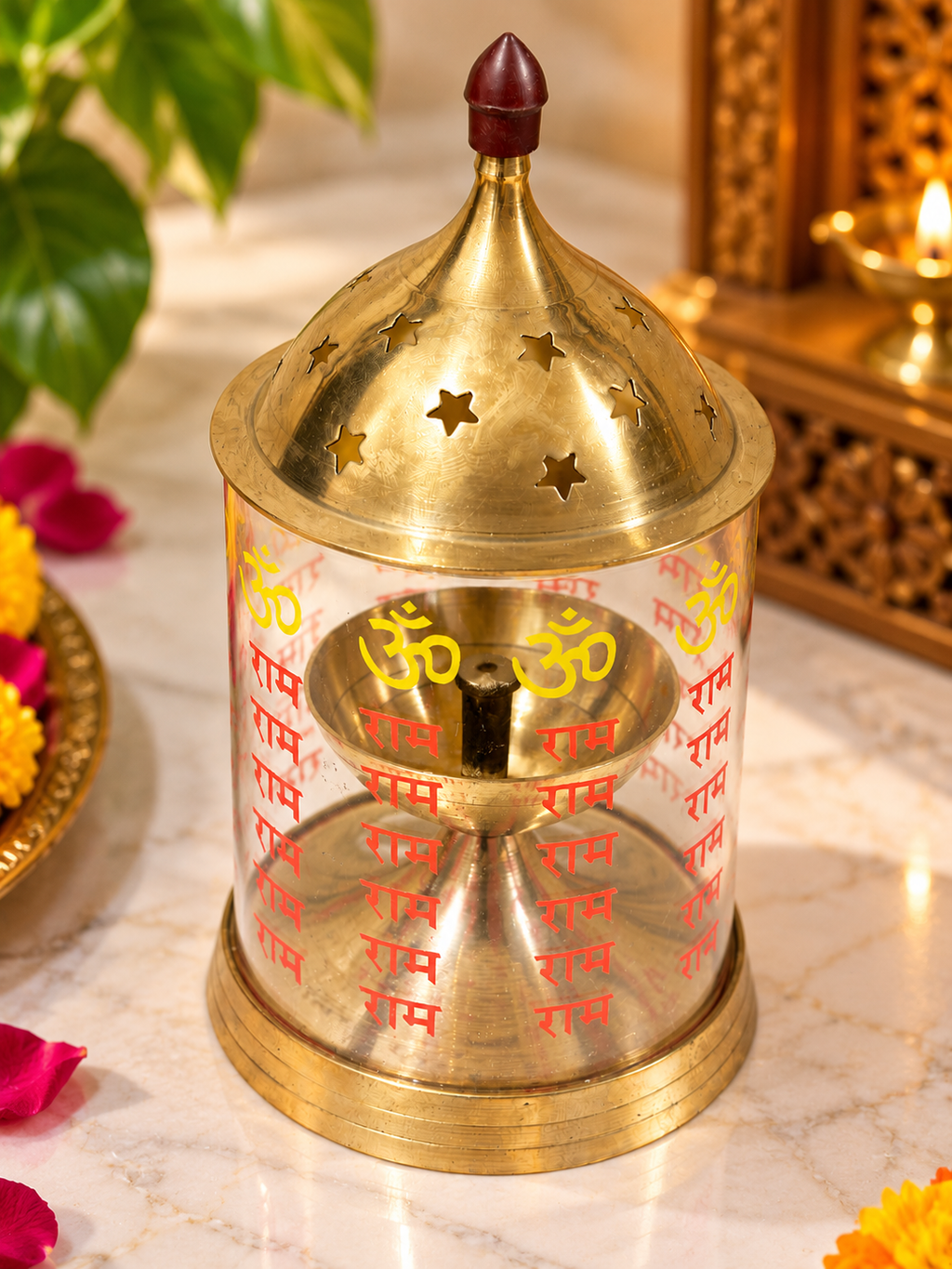 Golden Finish Akhand Diya with Om & Shri Ram Printed Glass Cover for Pooja Room