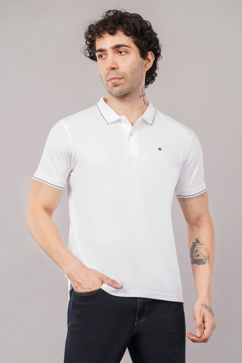 Louis Philippe Solid White EdgeMark Half Sleeve Polo T-shirt