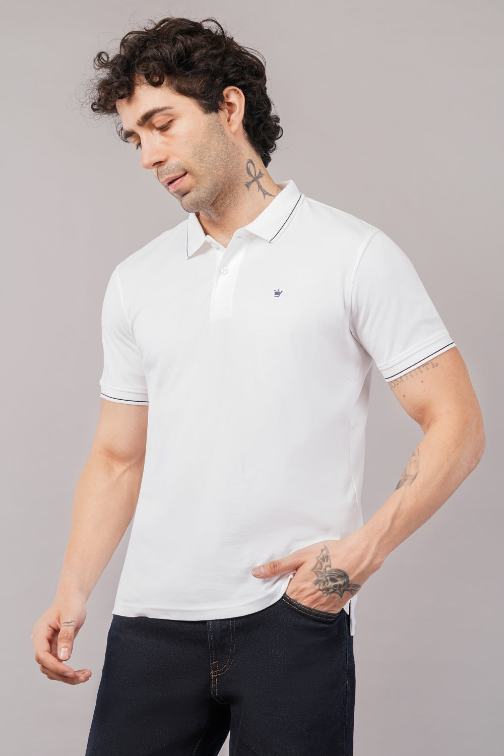 Louis Philippe Solid White EdgeMark Half Sleeve Polo T-shirt