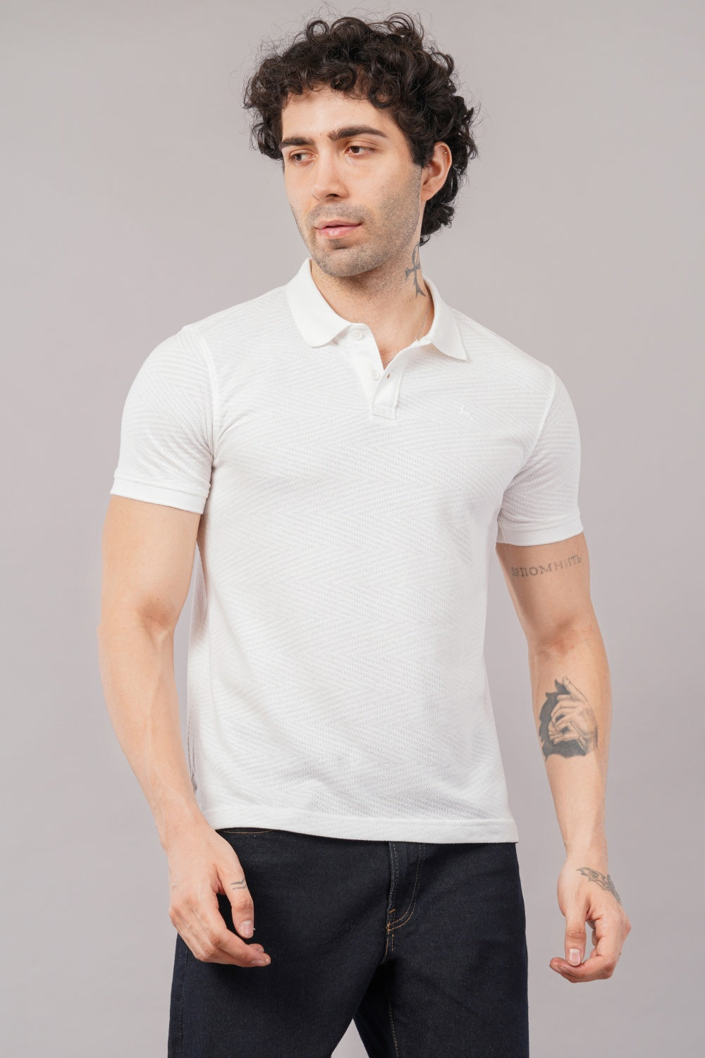 Parx White Self Design Half Sleeve Polo T-shirt