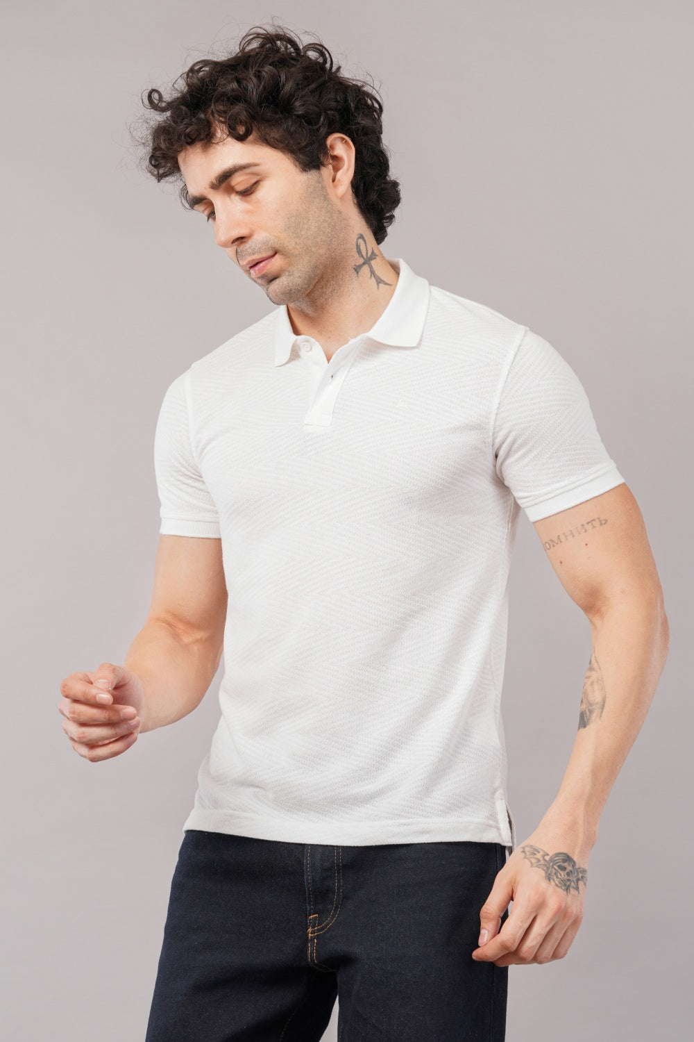 Parx White Self Design Half Sleeve Polo T-shirt