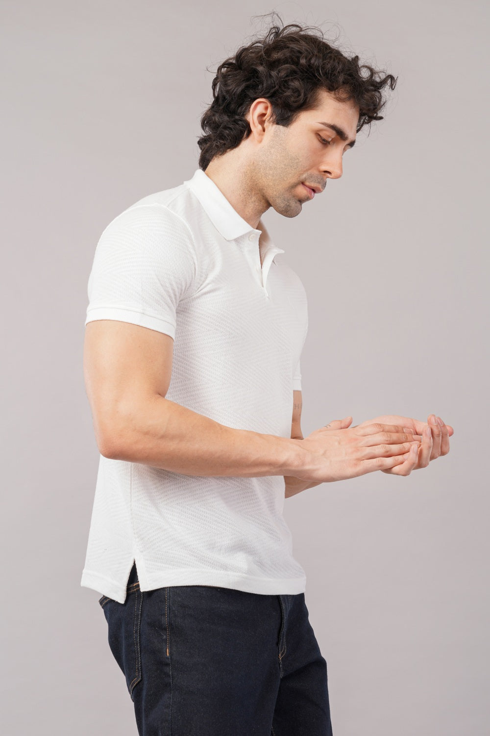 Parx White Self Design Half Sleeve Polo T-shirt