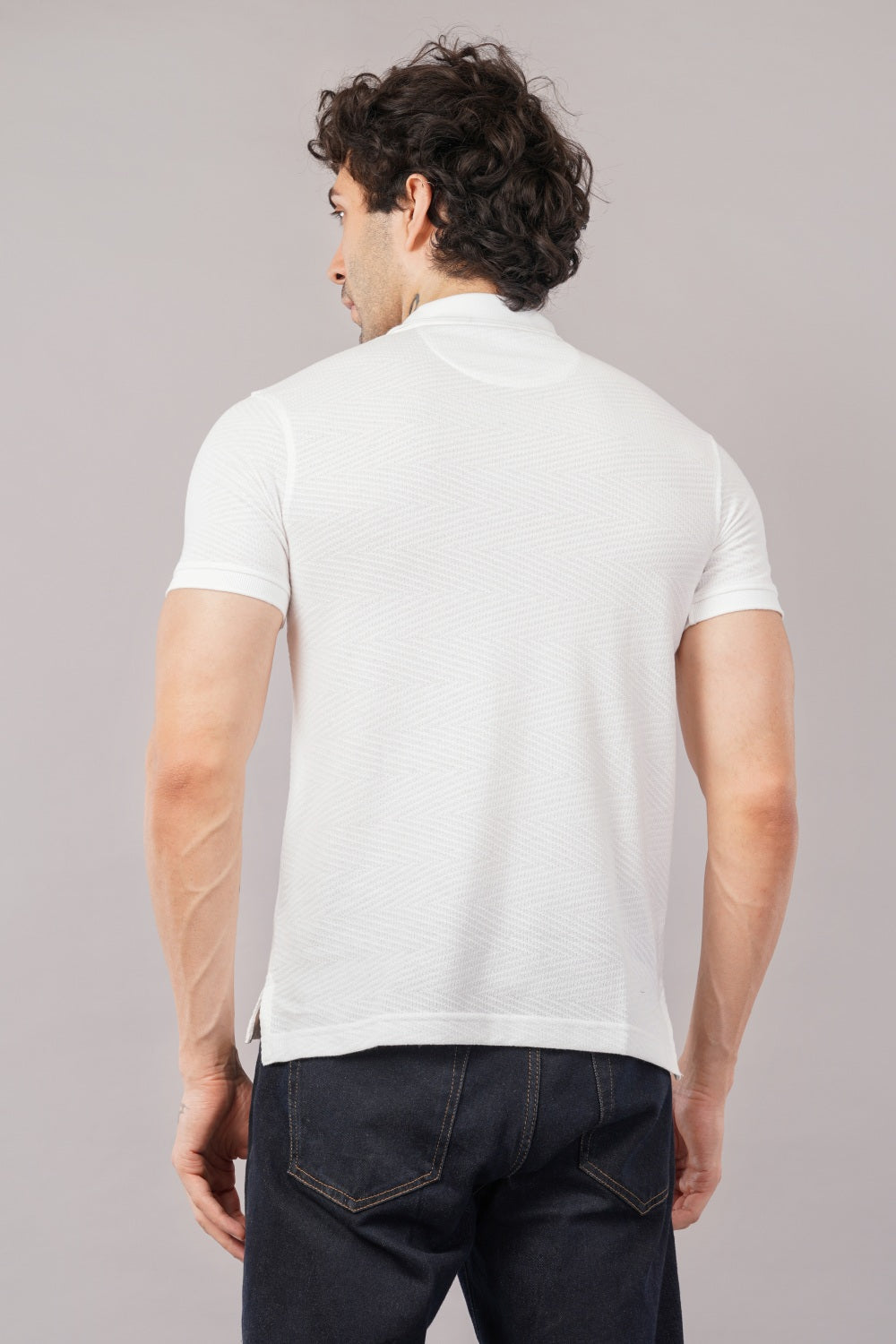 Parx White Self Design Half Sleeve Polo T-shirt