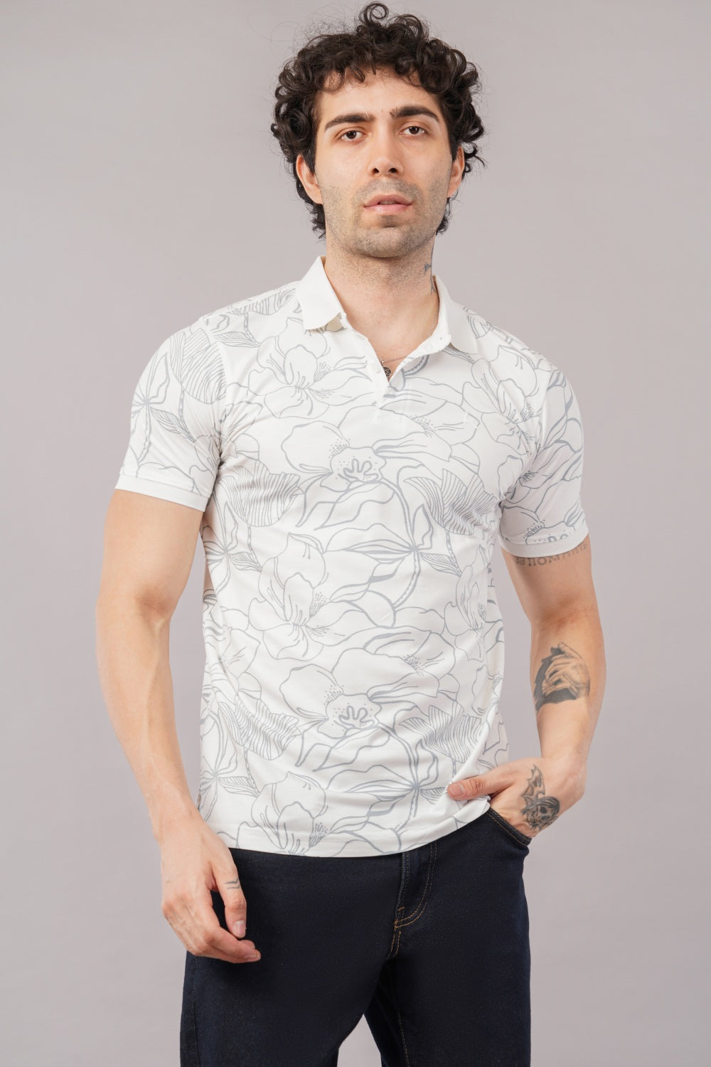 Parx Off White Floral Printed Half Sleeve Polo T-shirt
