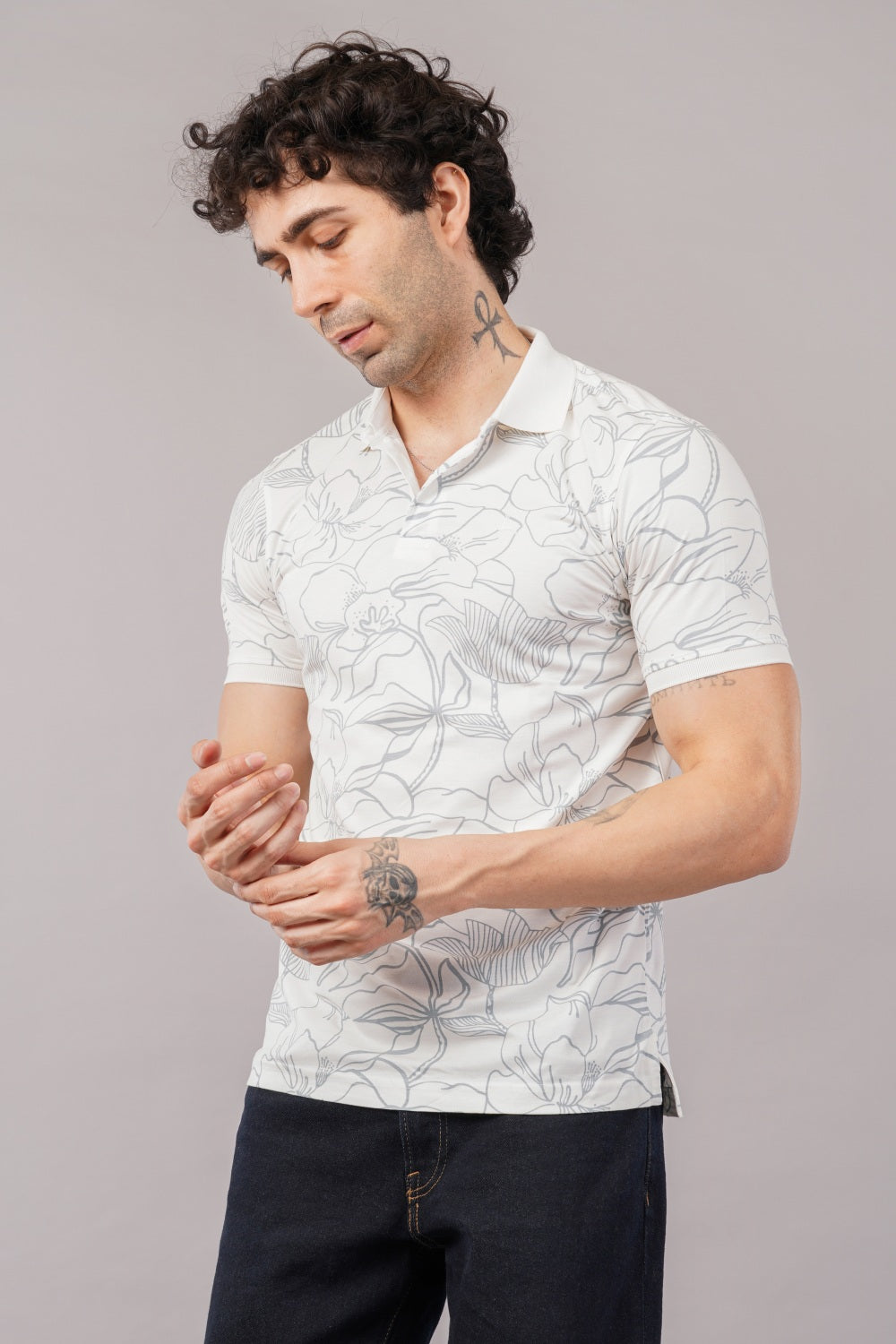 Parx Off White Floral Printed Half Sleeve Polo T-shirt