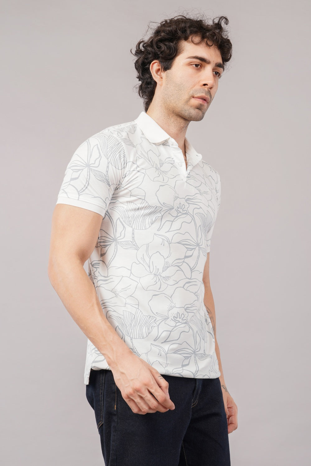 Parx Off White Floral Printed Half Sleeve Polo T-shirt