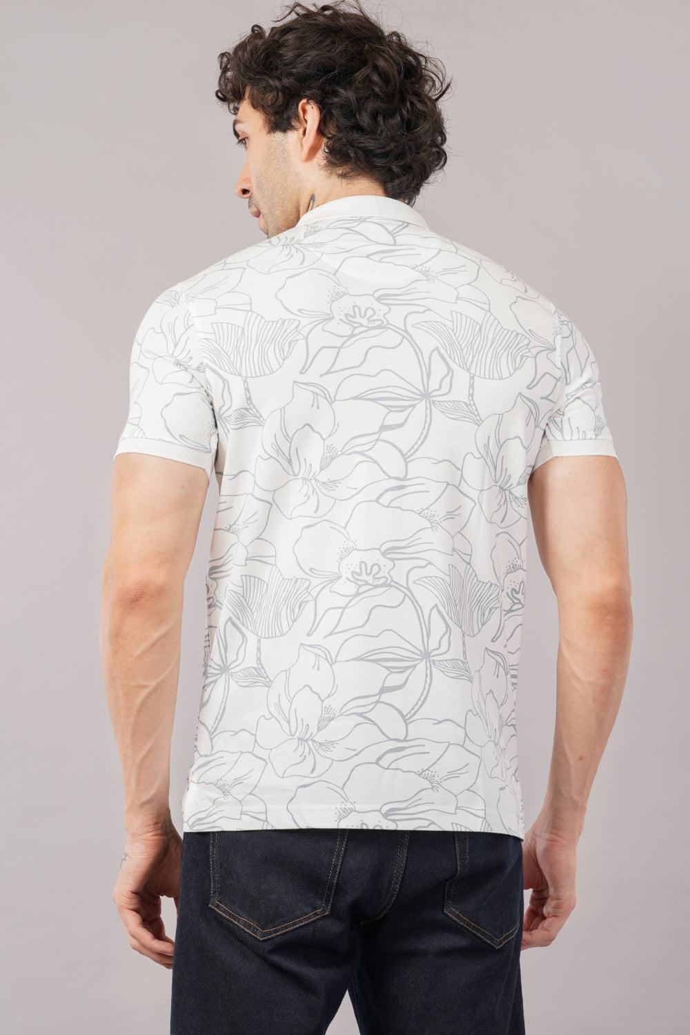 Parx Off White Floral Printed Half Sleeve Polo T-shirt