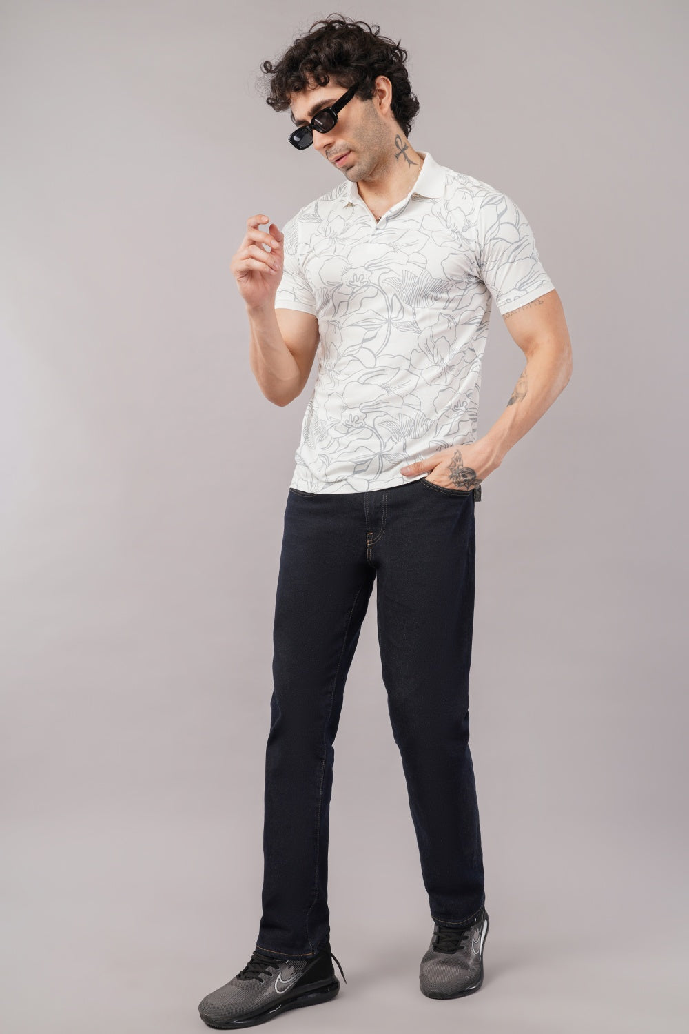 Parx Off White Floral Printed Half Sleeve Polo T-shirt