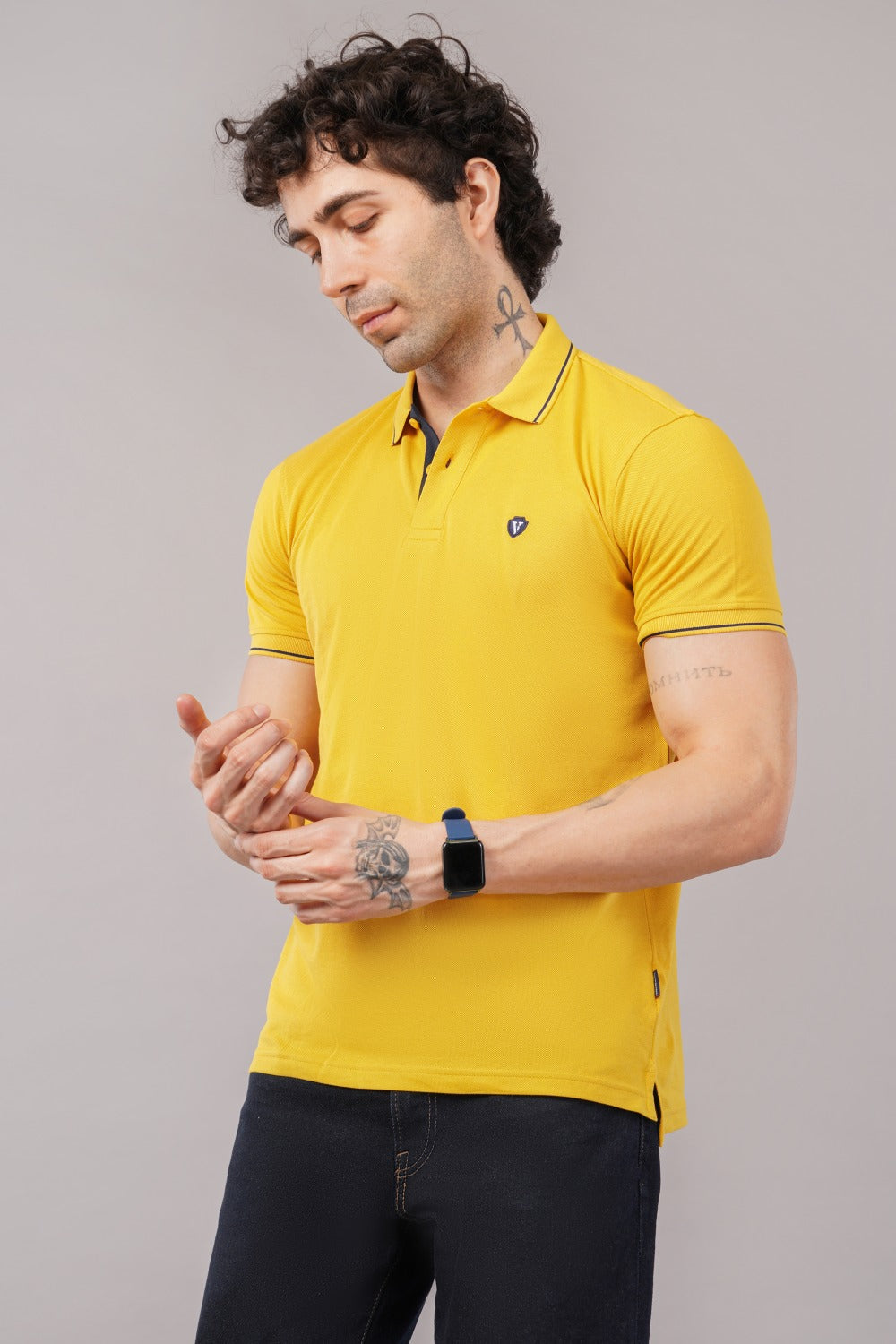 Van Heusen Solid Mustard Half Sleeve Polo T-shirt