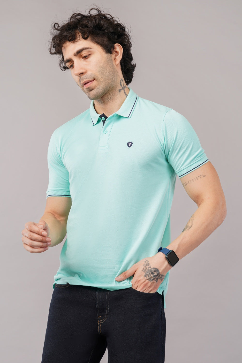 Van Heusen Solid Mint Green Half Sleeve Polo  T-shirt