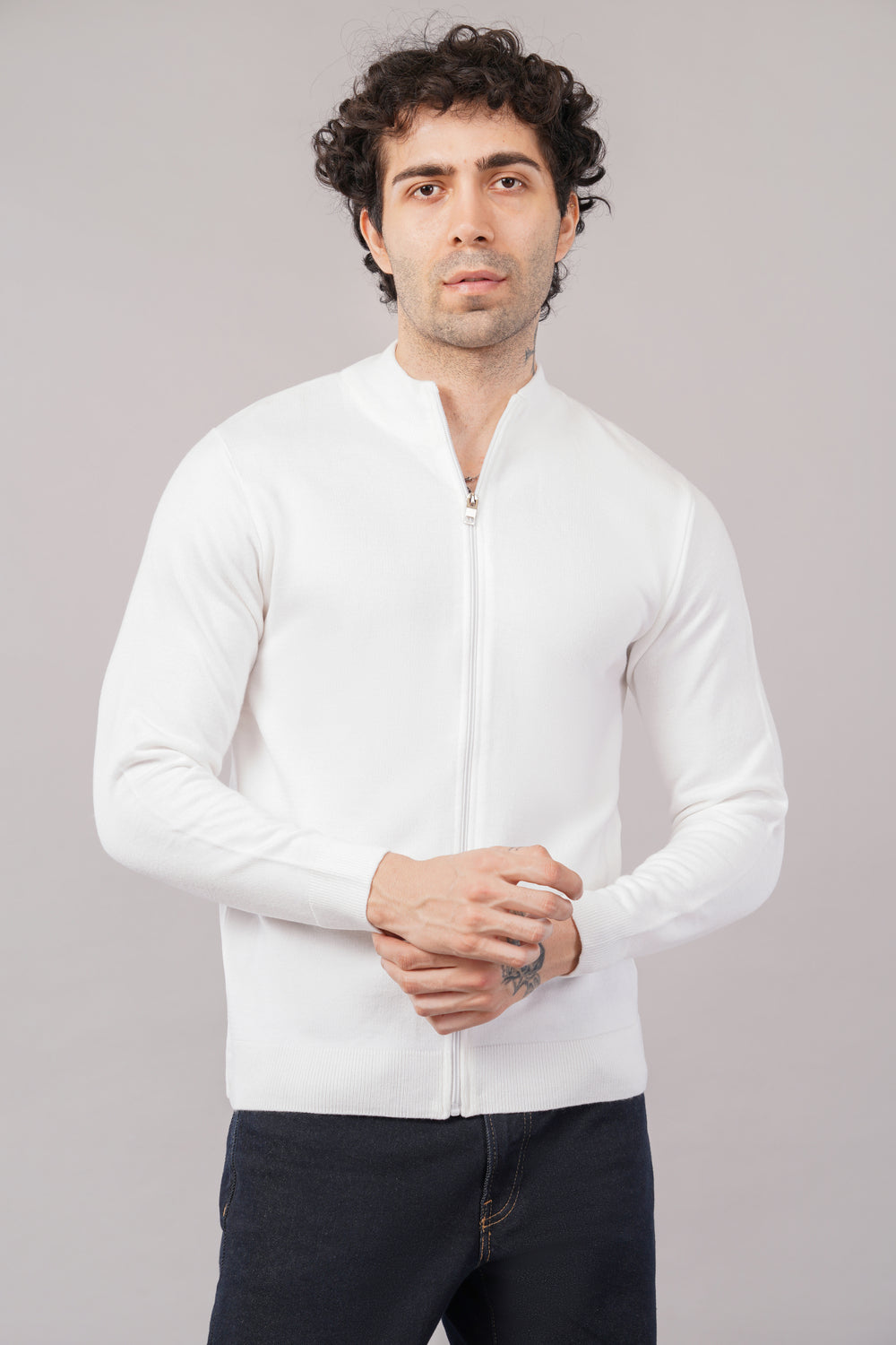 Elevate Solid Textured Knit Full Zipper Mens Sweater