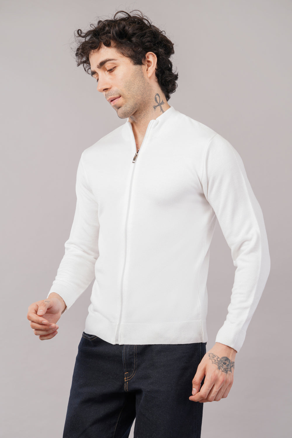 Elevate Solid Textured Knit Full Zipper Mens Sweater