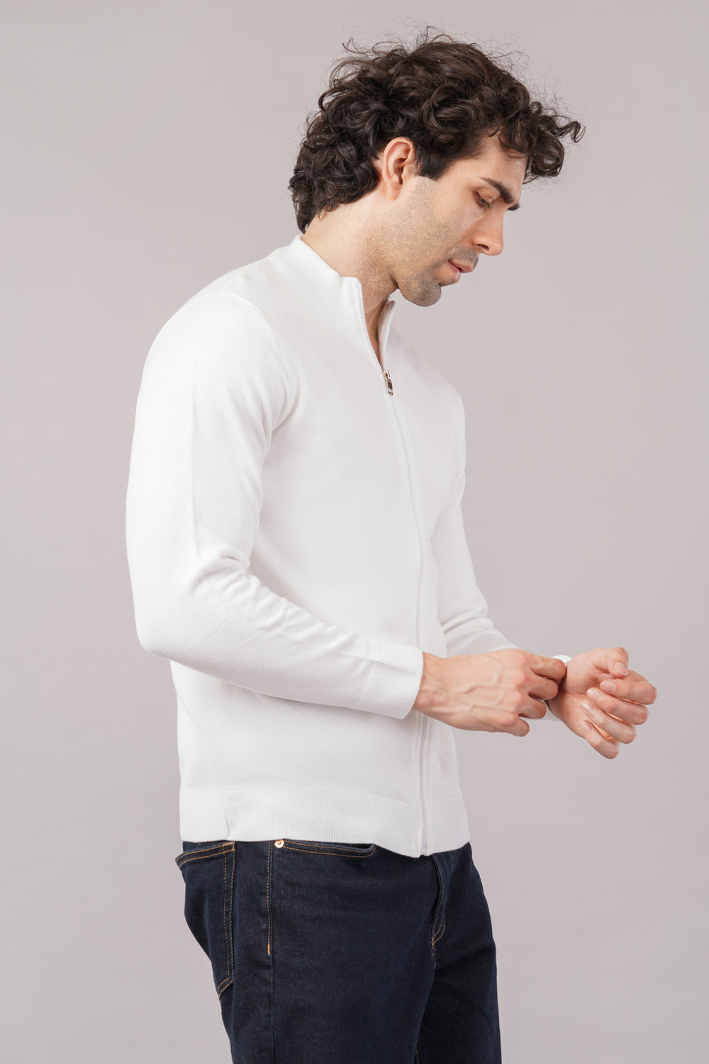 Elevate Solid Textured Knit Full Zipper Mens Sweater