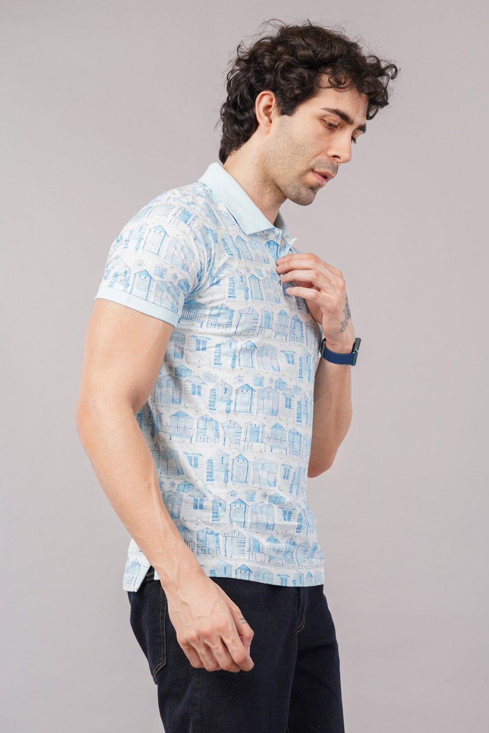 Parx Blue Half Sleeve Printed Polo T-shirt