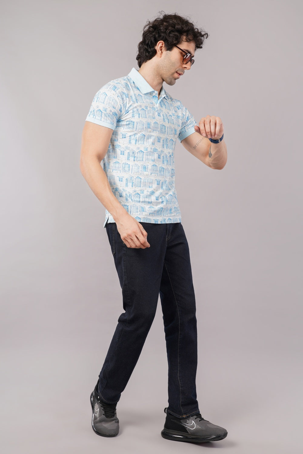 Parx Blue Half Sleeve Printed Polo T-shirt