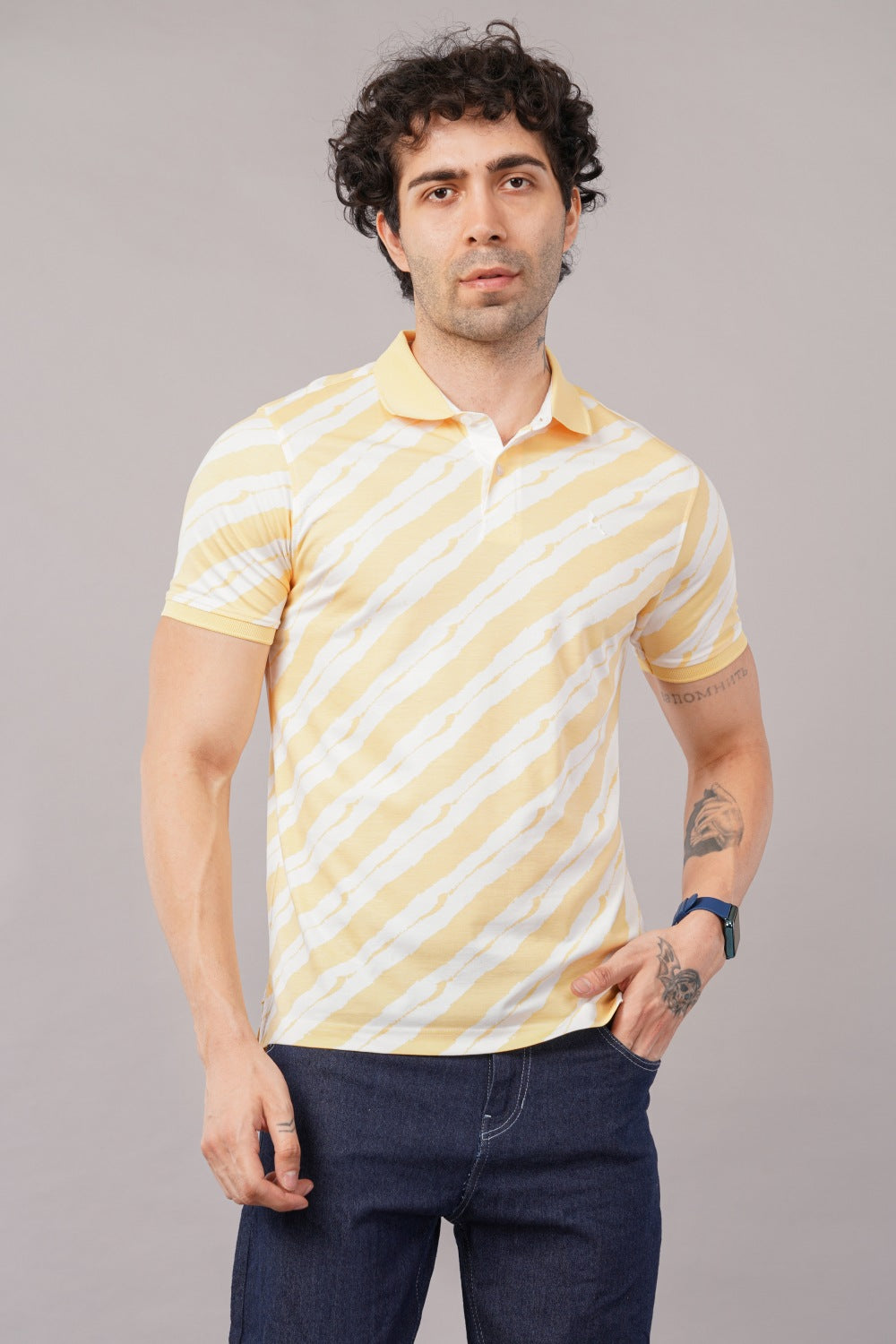 Parx Yellow & White  Diagonally Striped Half Sleeve Polo T-shirt
