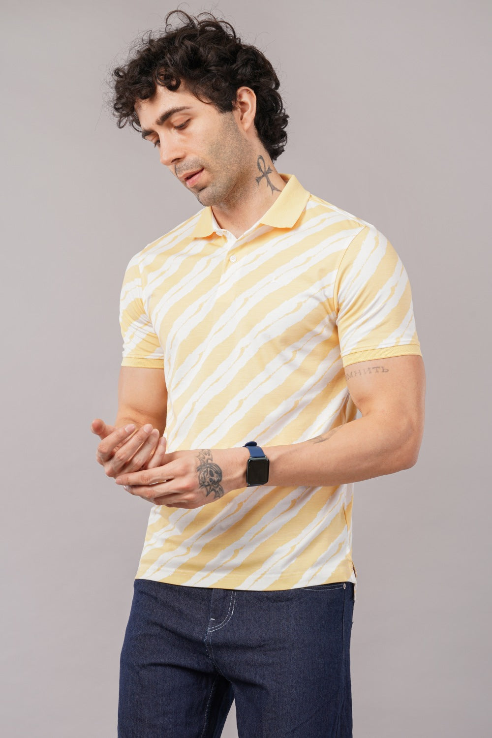 Parx Yellow & White  Diagonally Striped Half Sleeve Polo T-shirt