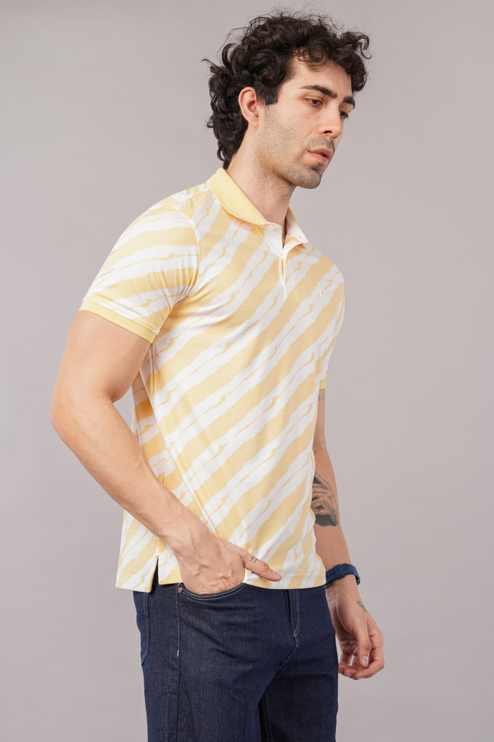 Parx Yellow & White  Diagonally Striped Half Sleeve Polo T-shirt