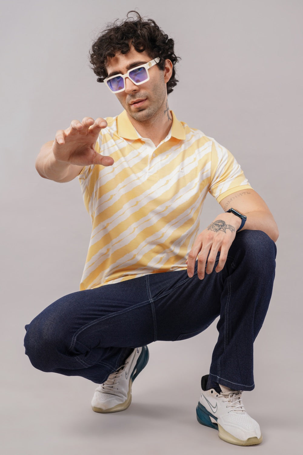 Parx Yellow & White  Diagonally Striped Half Sleeve Polo T-shirt