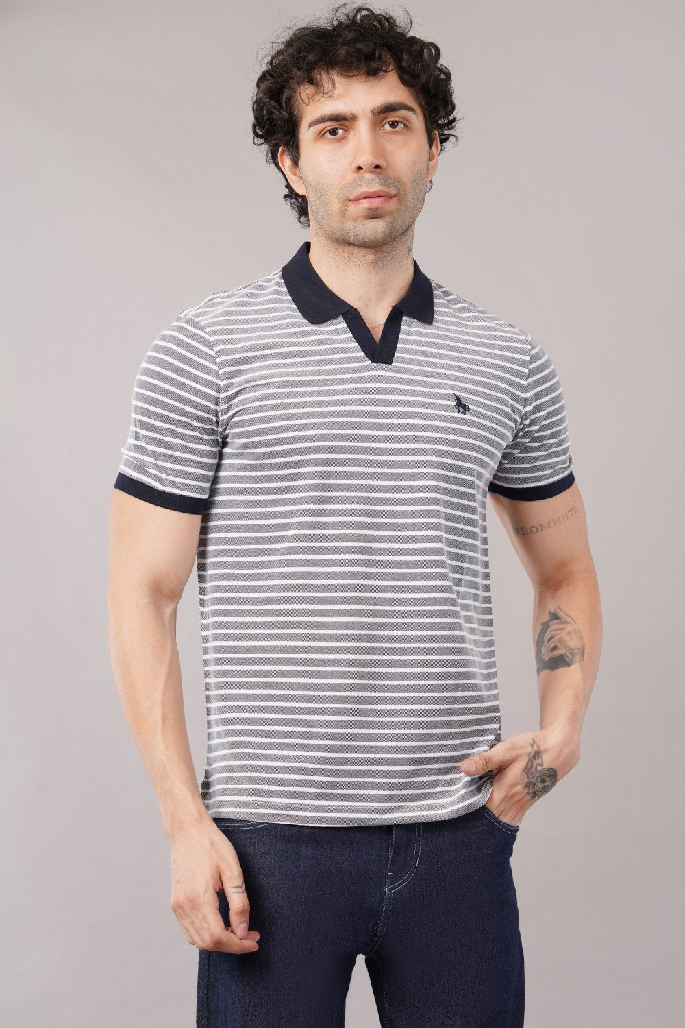 Van Heusen White & Grey Striped Half Sleeve Polo T-shirt