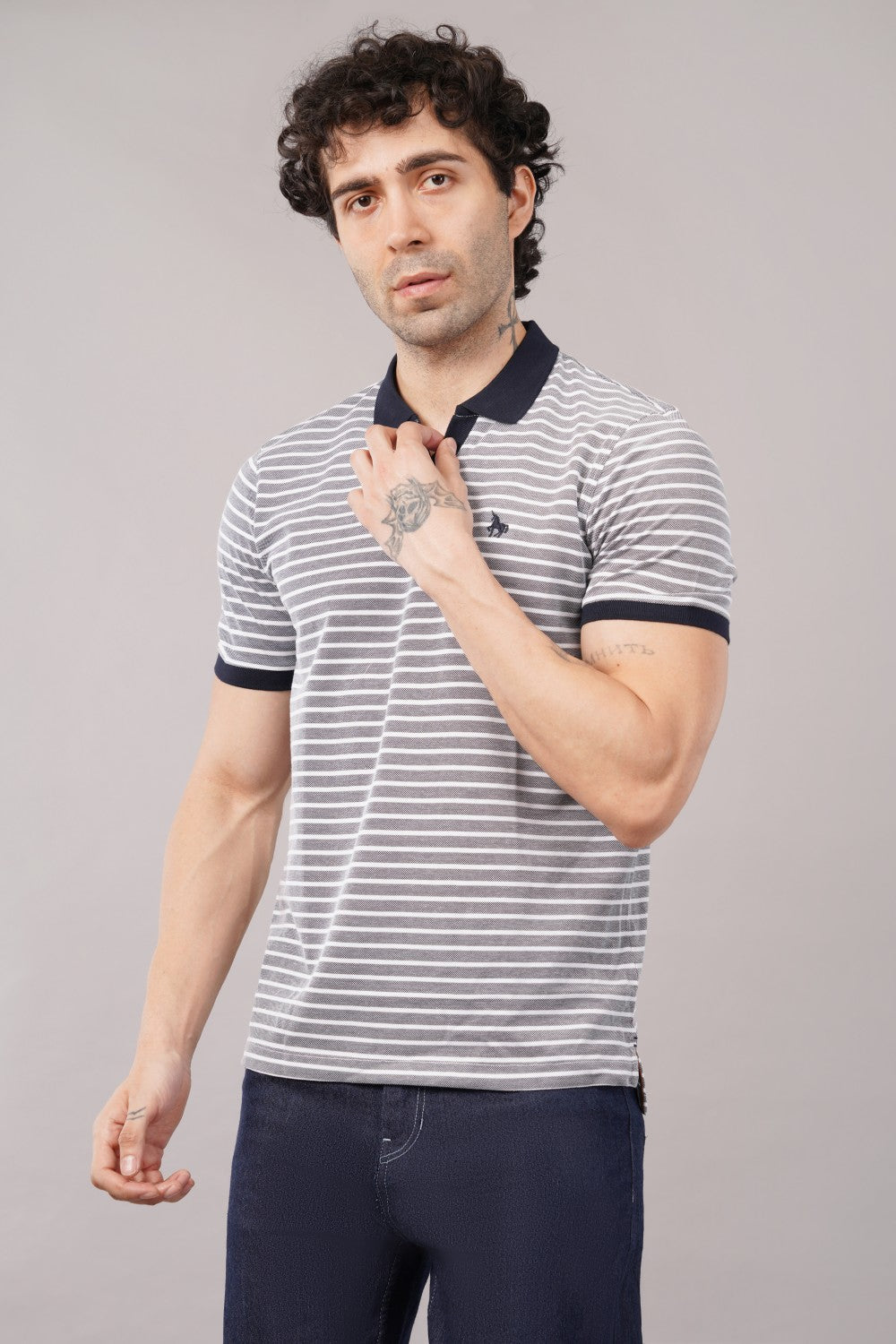 Van Heusen White & Grey Striped Half Sleeve Polo T-shirt