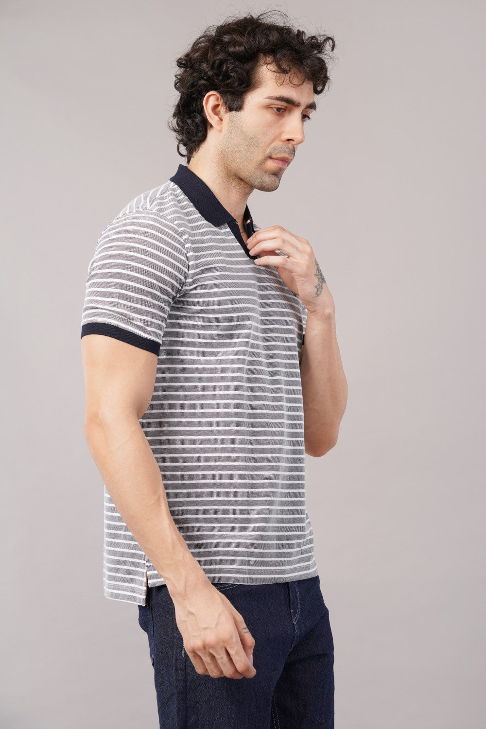 Van Heusen White & Grey Striped Half Sleeve Polo T-shirt